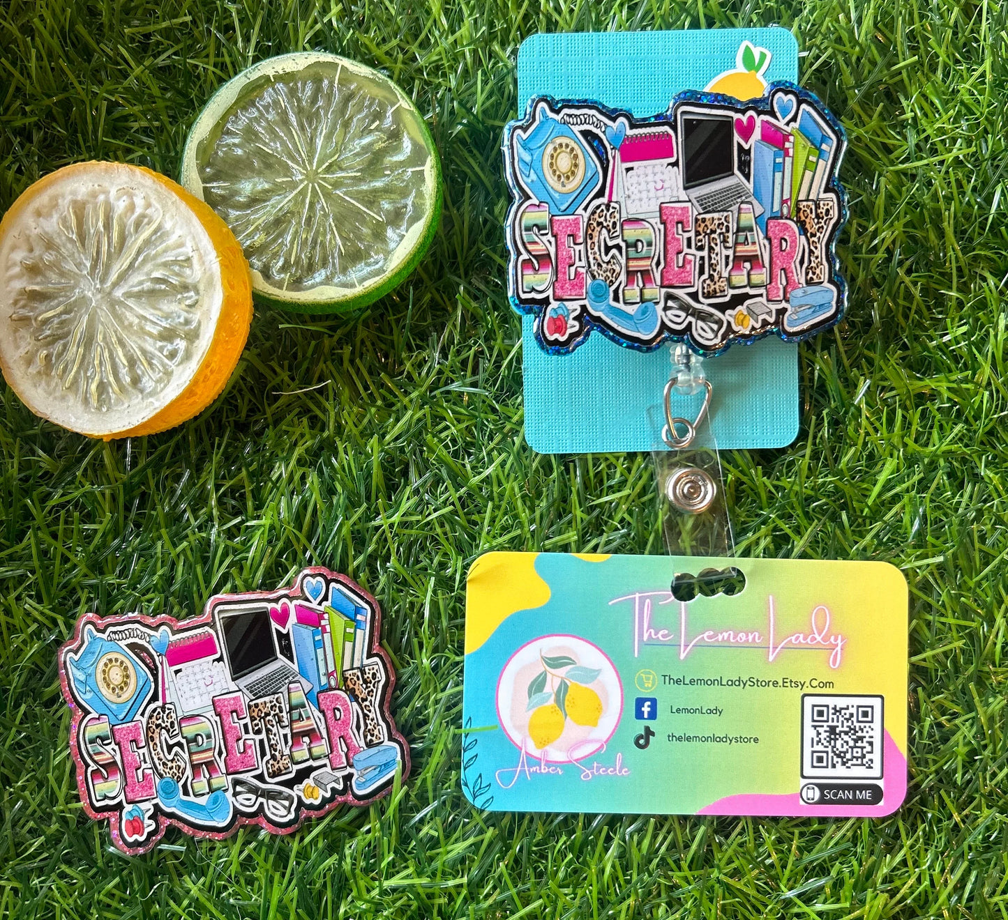 Secretary Badge Reel – Cute Glitter Office Badge Holder with Retractable Clip, Admin Assistant ID Reel, Office Staff Gift