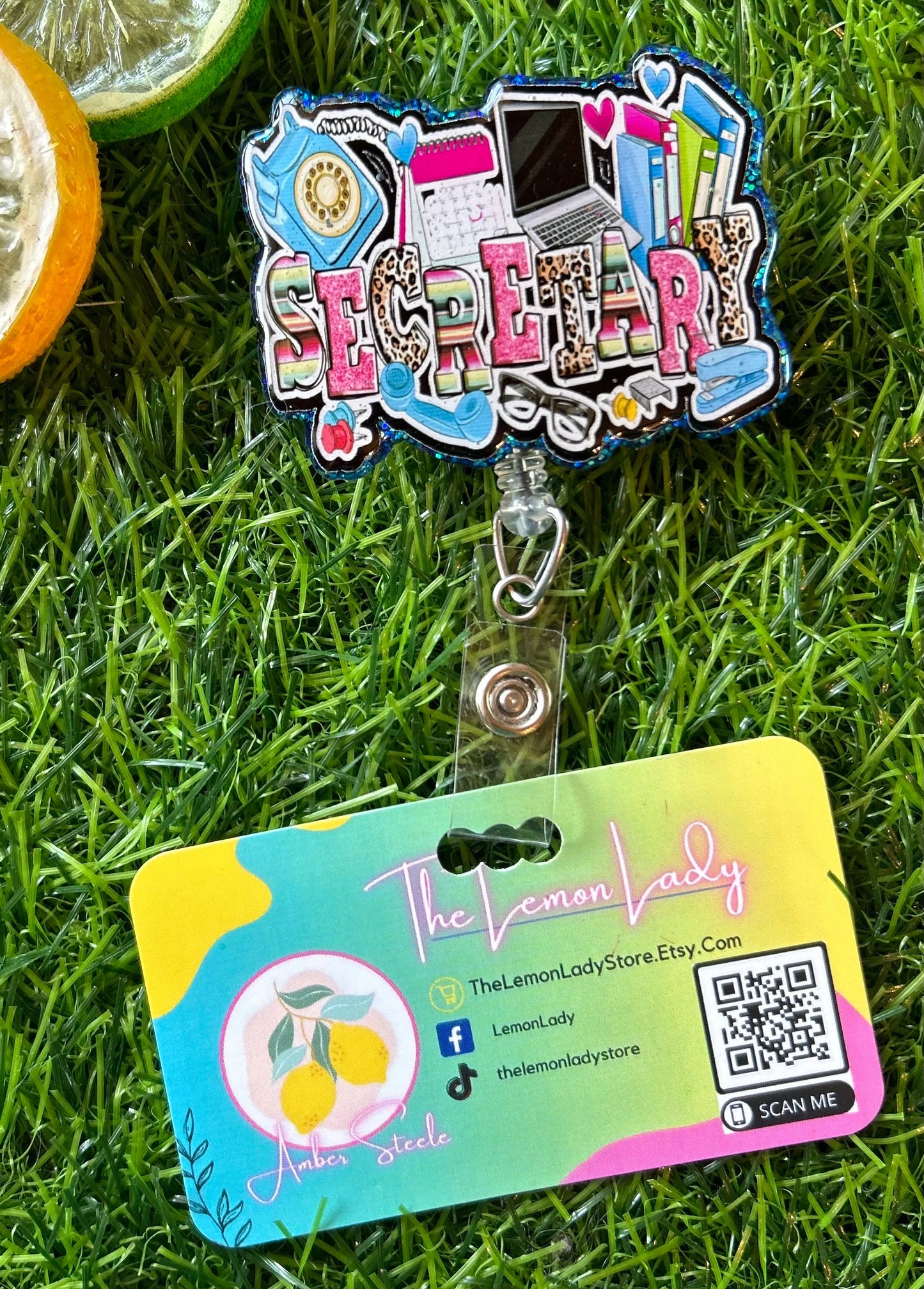 Secretary Badge Reel – Cute Glitter Office Badge Holder with Retractable Clip, Admin Assistant ID Reel, Office Staff Gift