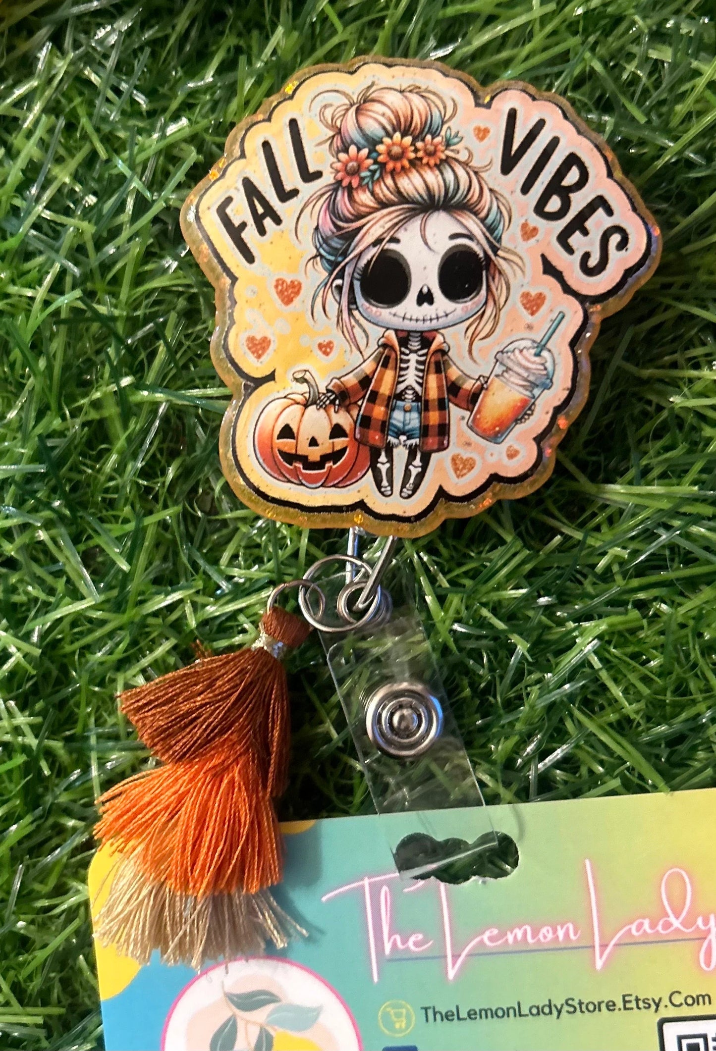 Fall Vibes Badge Reel – Cute Skeleton Pumpkin Clip for Nurses, Teachers, or Office Staff