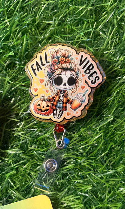 Fall Vibes Badge Reel – Cute Skeleton Pumpkin Clip for Nurses, Teachers, or Office Staff