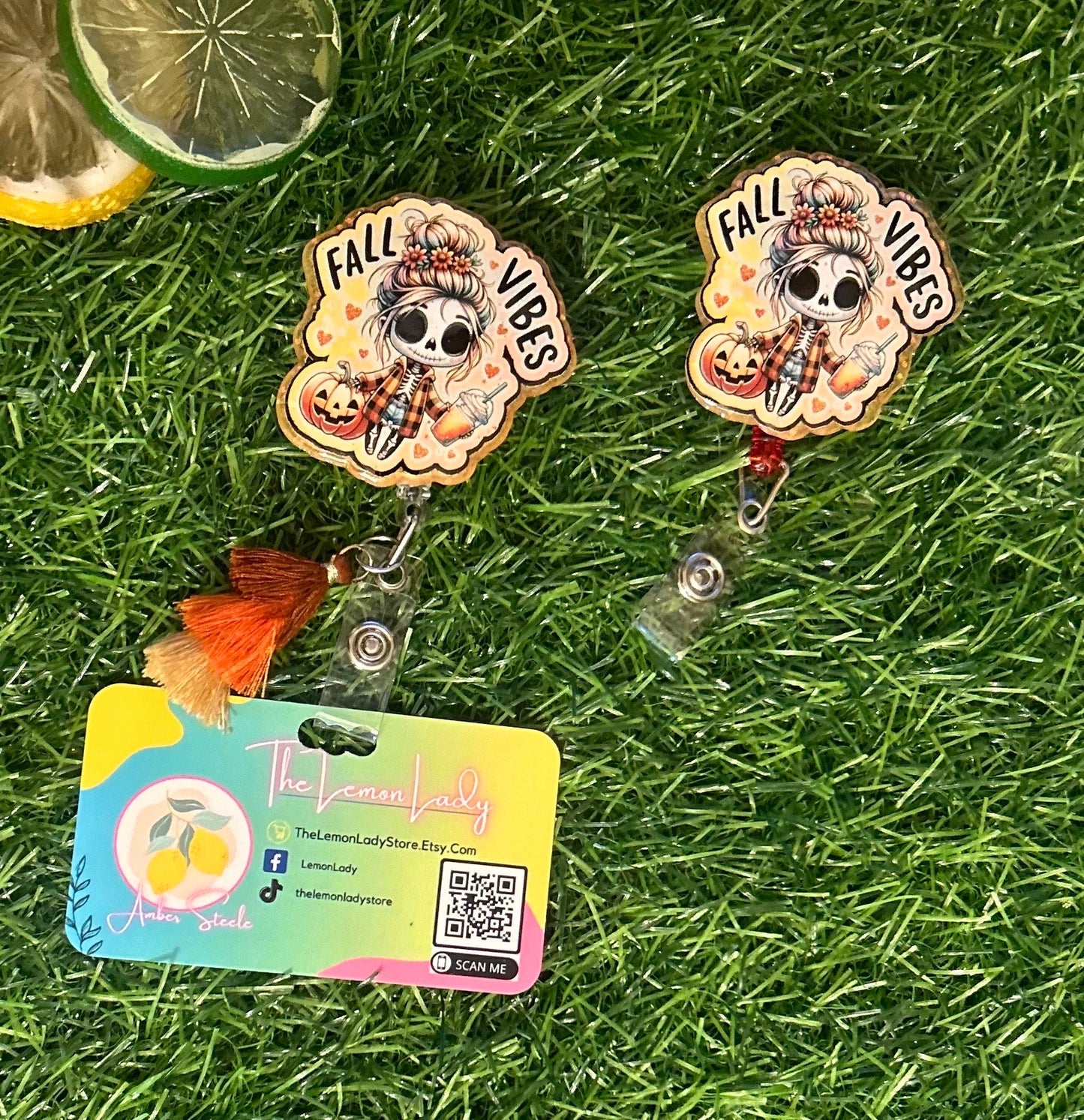 Fall Vibes Badge Reel – Cute Skeleton Pumpkin Clip for Nurses, Teachers, or Office Staff