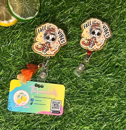 Fall Vibes Badge Reel – Cute Skeleton Pumpkin Clip for Nurses, Teachers, or Office Staff