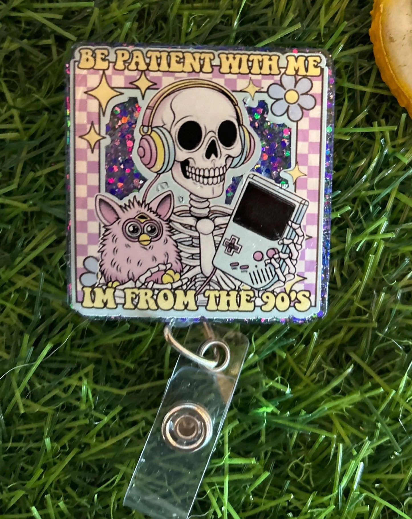 90s Nostalgia Badge Reel – “Be Patient With Me, I’m From the 90s” Funny Skeleton ID Clip | Retro Nurse or ER Badge Holder