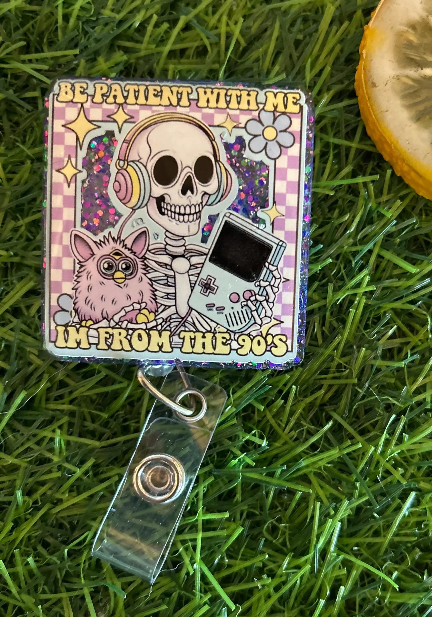 90s Nostalgia Badge Reel – “Be Patient With Me, I’m From the 90s” Funny Skeleton ID Clip | Retro Nurse or ER Badge Holder