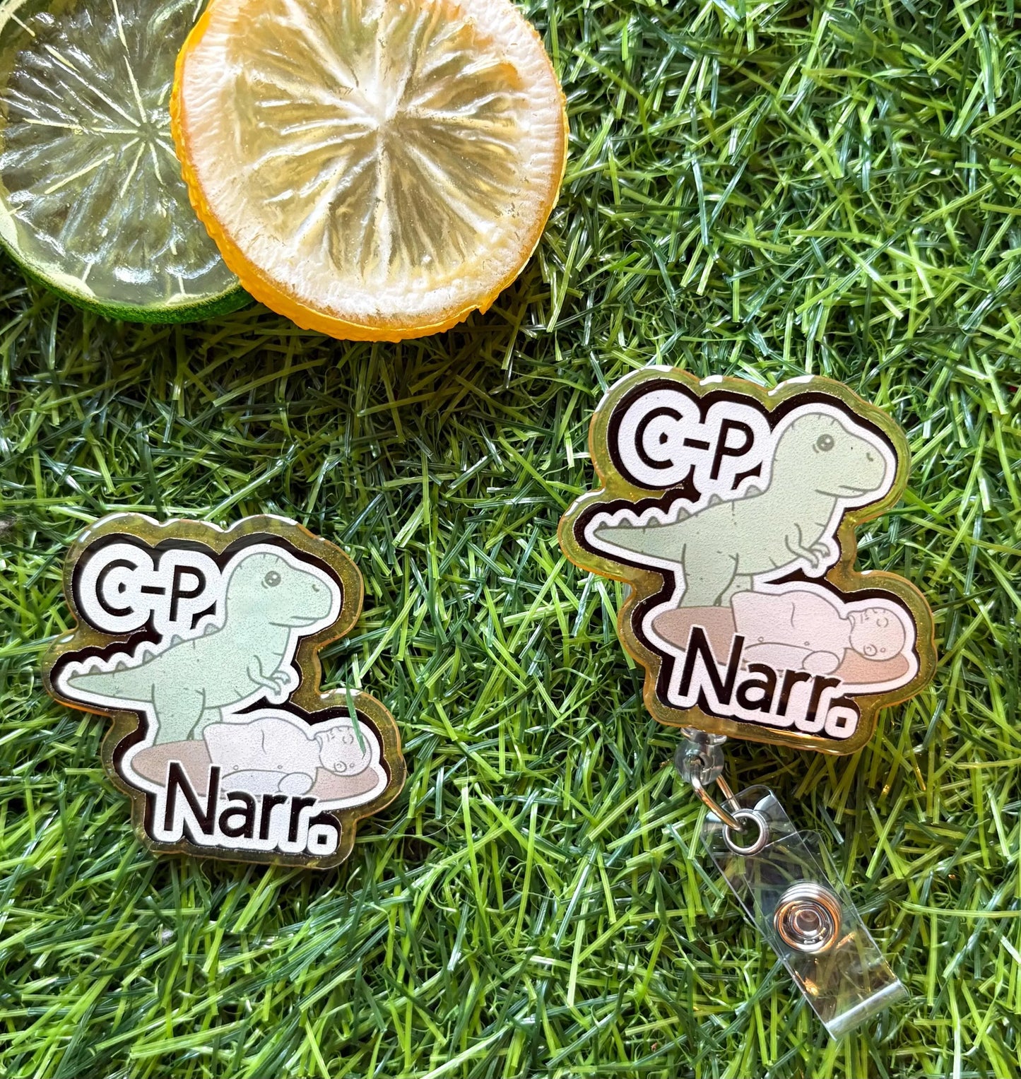 Funny Dinosaur Nurse Badge Reel – “C.P. Narr.” T-Rex Clip for ER, ICU, or Medical Staff