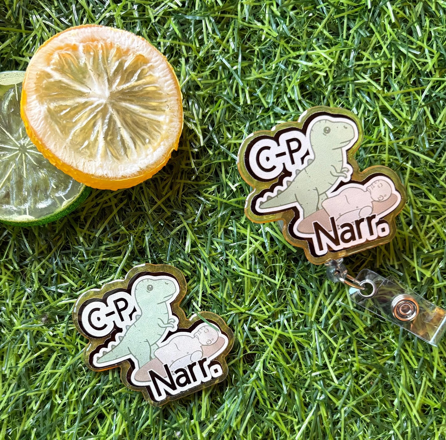 Funny Dinosaur Nurse Badge Reel – “C.P. Narr.” T-Rex Clip for ER, ICU, or Medical Staff