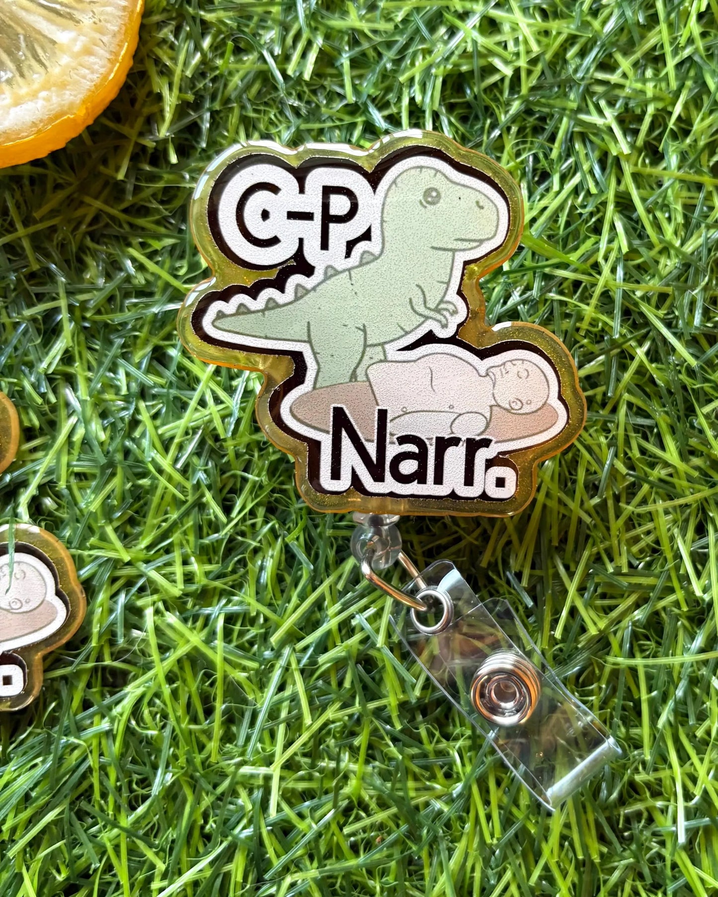 Funny Dinosaur Nurse Badge Reel – “C.P. Narr.” T-Rex Clip for ER, ICU, or Medical Staff