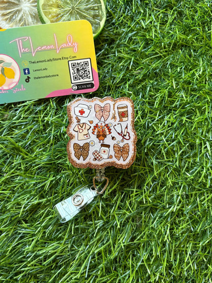 Fall Vibes Badge Reel – Autumn Leaf Butterfly ID Holder – Cute Seasonal Nurse Clip – Retractable Name Tag
