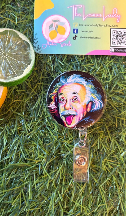 Einstein Tongue Out Badge Reel – Funny ID Holder, Science Teacher Gift, Retractable Name Tag, Nerdy Lanyard Accessory